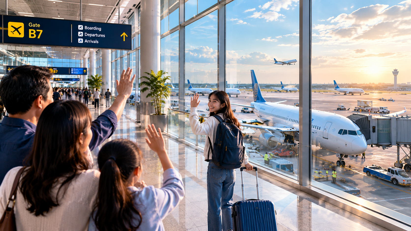 Momen perpisahan yang mengharukan di Gate B7 — awal perjalanan menuju pendidikan global